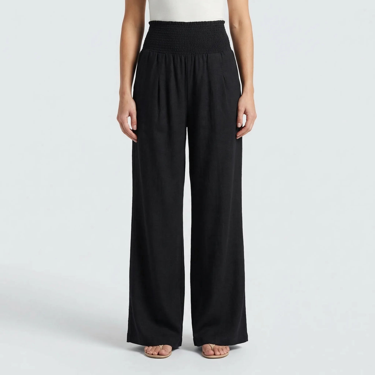 Women's Wide Leg Linen Pants Smocked High Waist