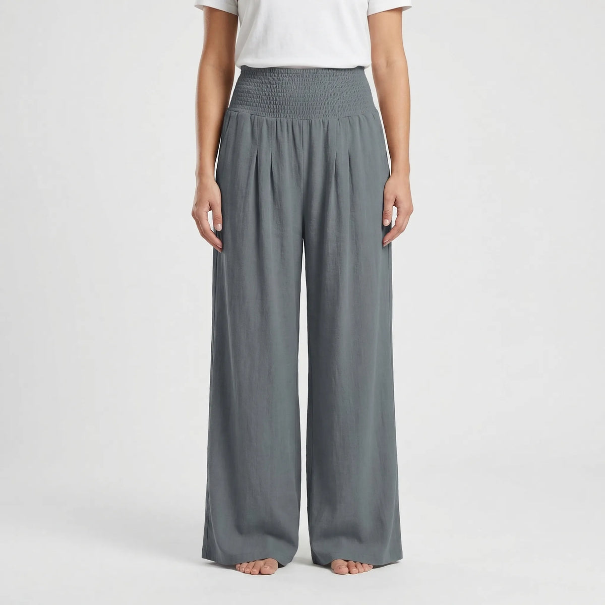 Women's Wide Leg Linen Pants Smocked High Waist