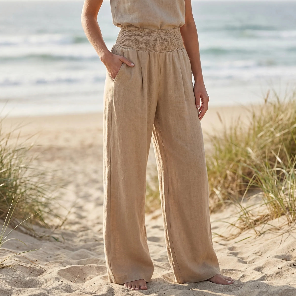 Women's Wide Leg Linen Pants Smocked High Waist