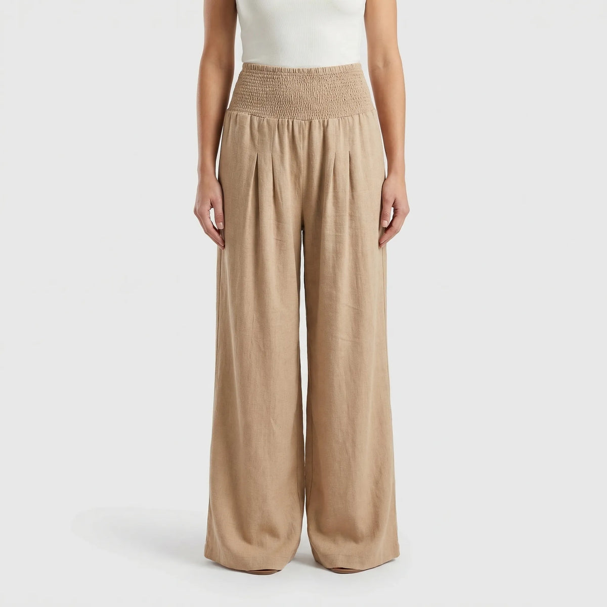 Women's Wide Leg Linen Pants Smocked High Waist