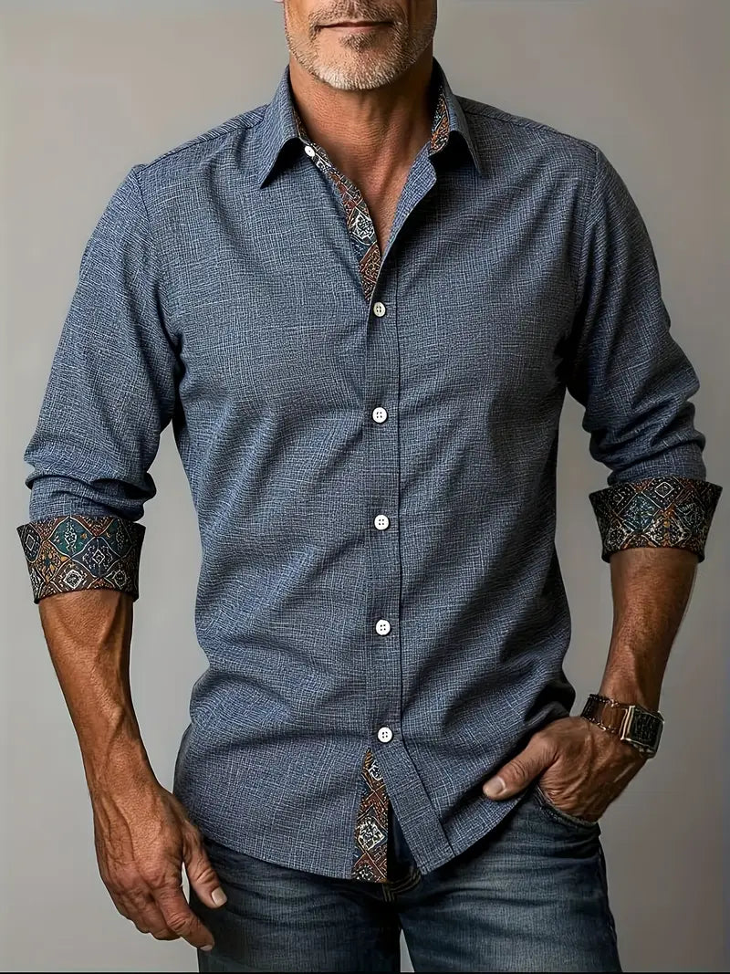 Button Up Shirt Mens Long Sleeve Tailored Fit with Contrast Collar and Cuffs