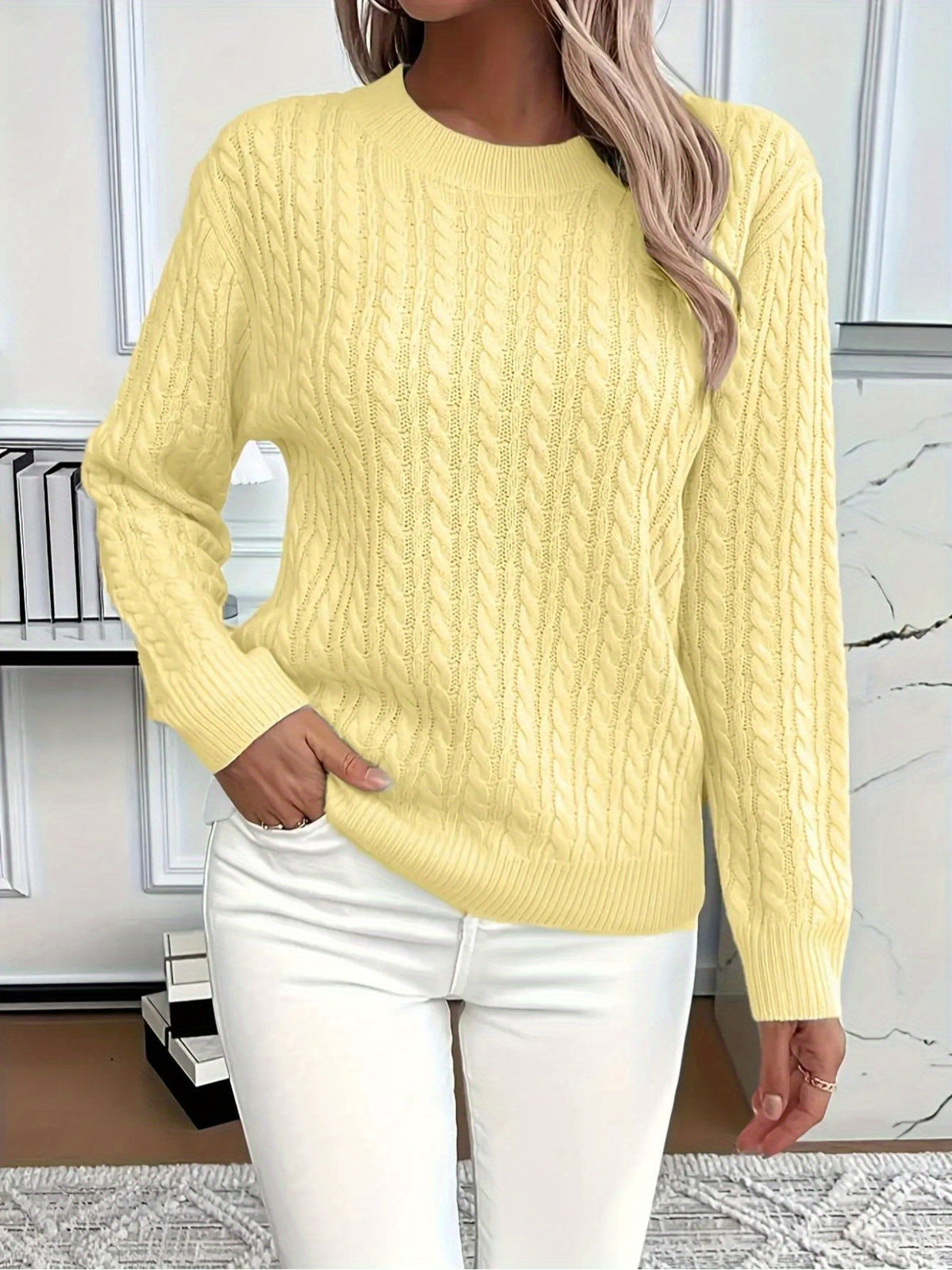 Cozy Cable Knit Crew Neck Sweater in Yellow