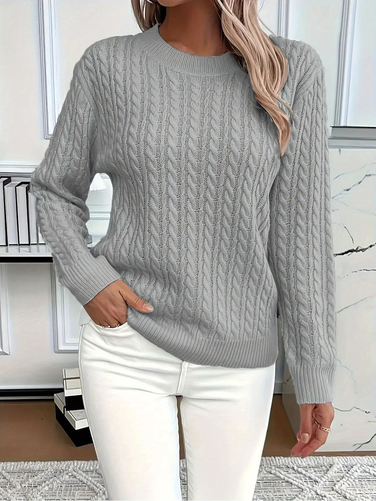 Cozy Cable Knit Crew Neck Sweater in Silvery Grey