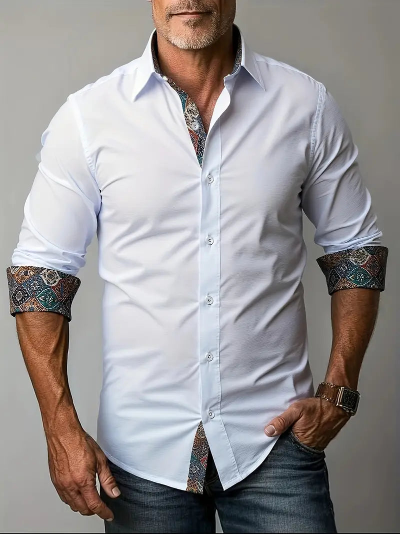 Button Up Shirt Mens Long Sleeve Tailored Fit with Contrast Collar and Cuffs