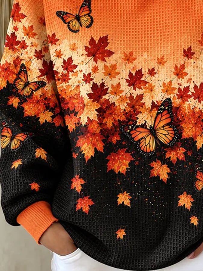 Maple Leaf & Butterfly Print Waffle Sweatshirt