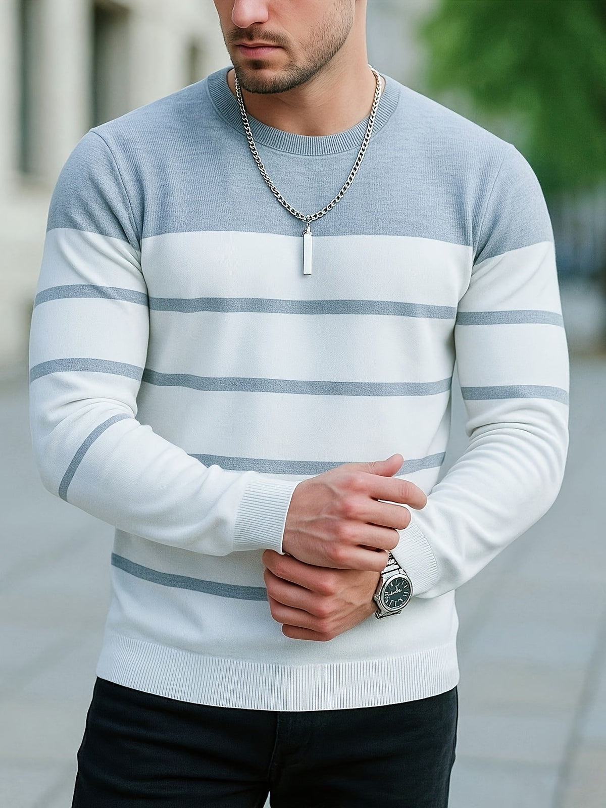 Knit Sweater Mens Striped Crew Neck Pullover Soft Classic Winter