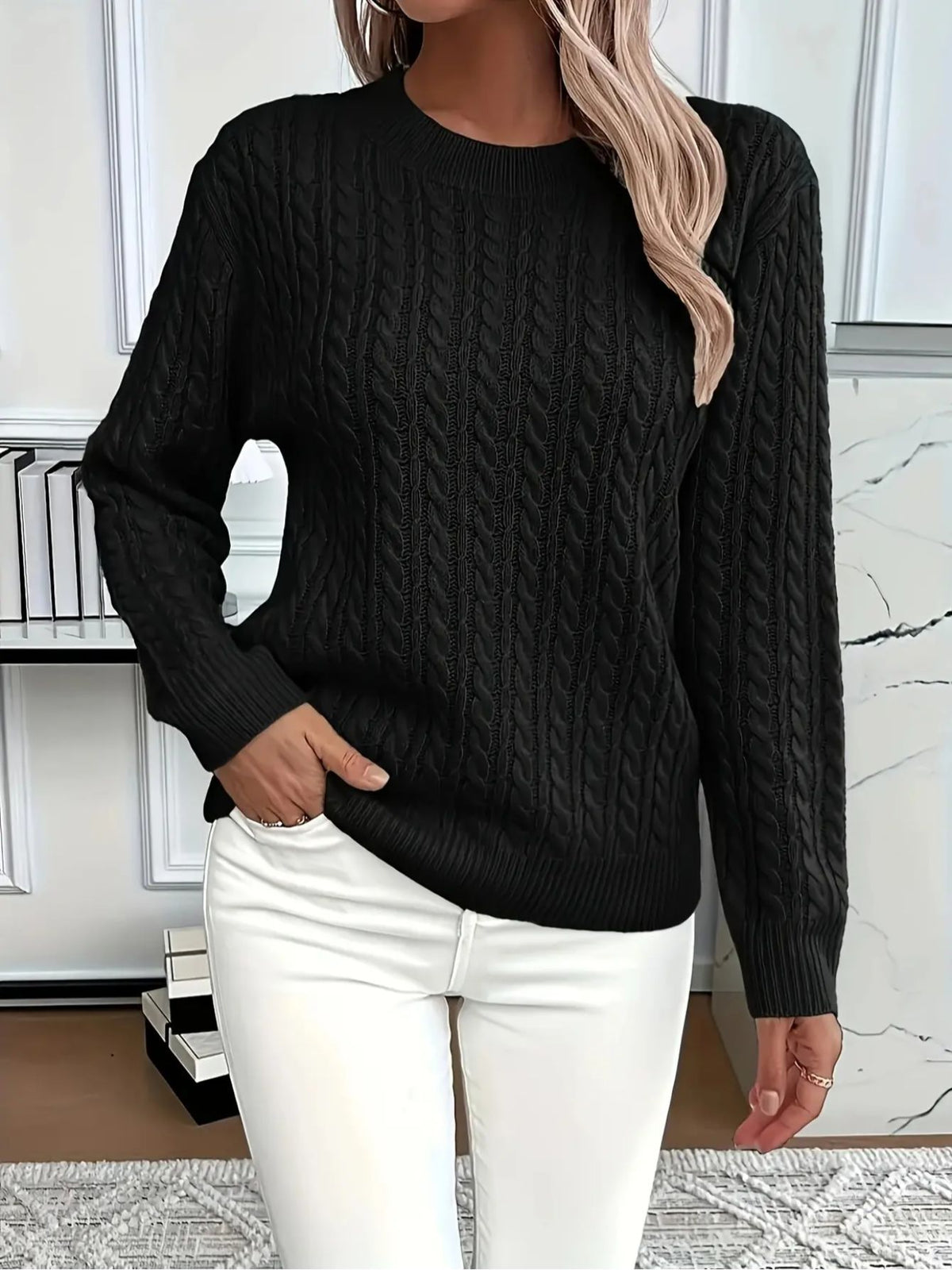 Cozy Cable Knit Crew Neck Sweater in Black