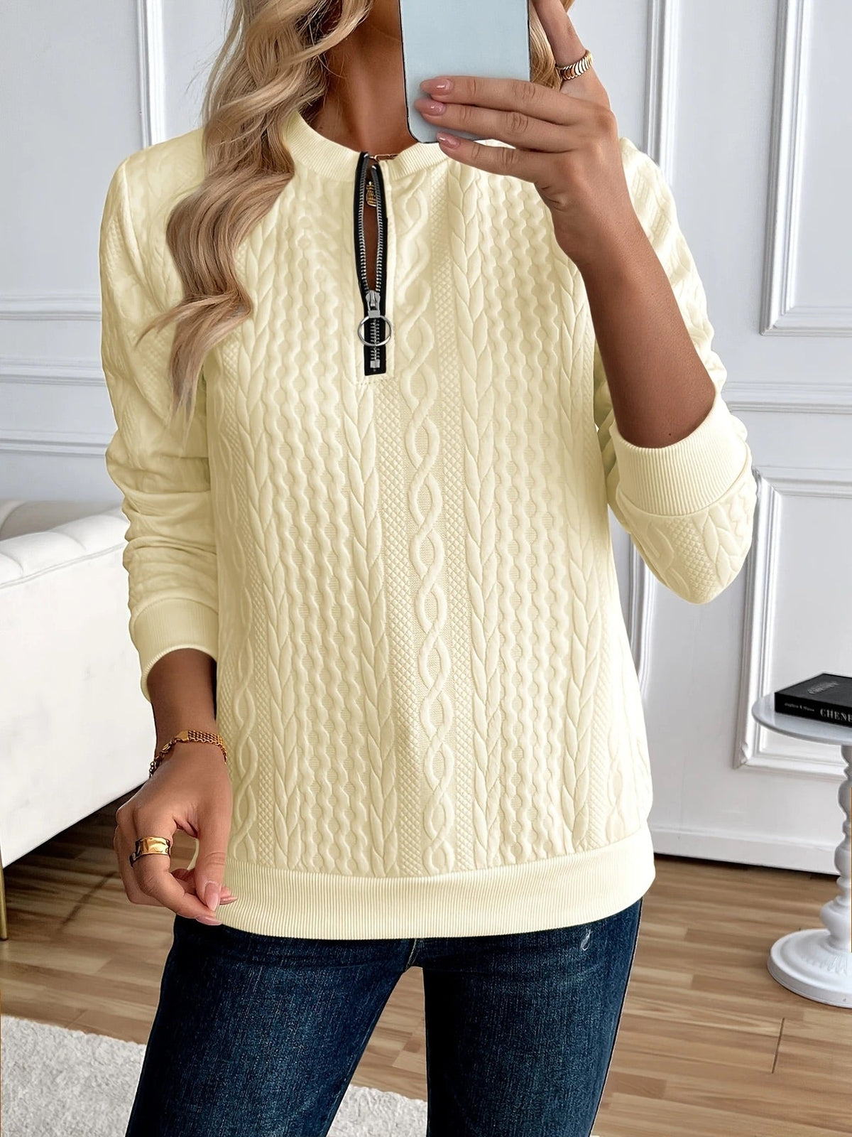 Women's Textured Quarter-Zip Sweatshirt in Cream