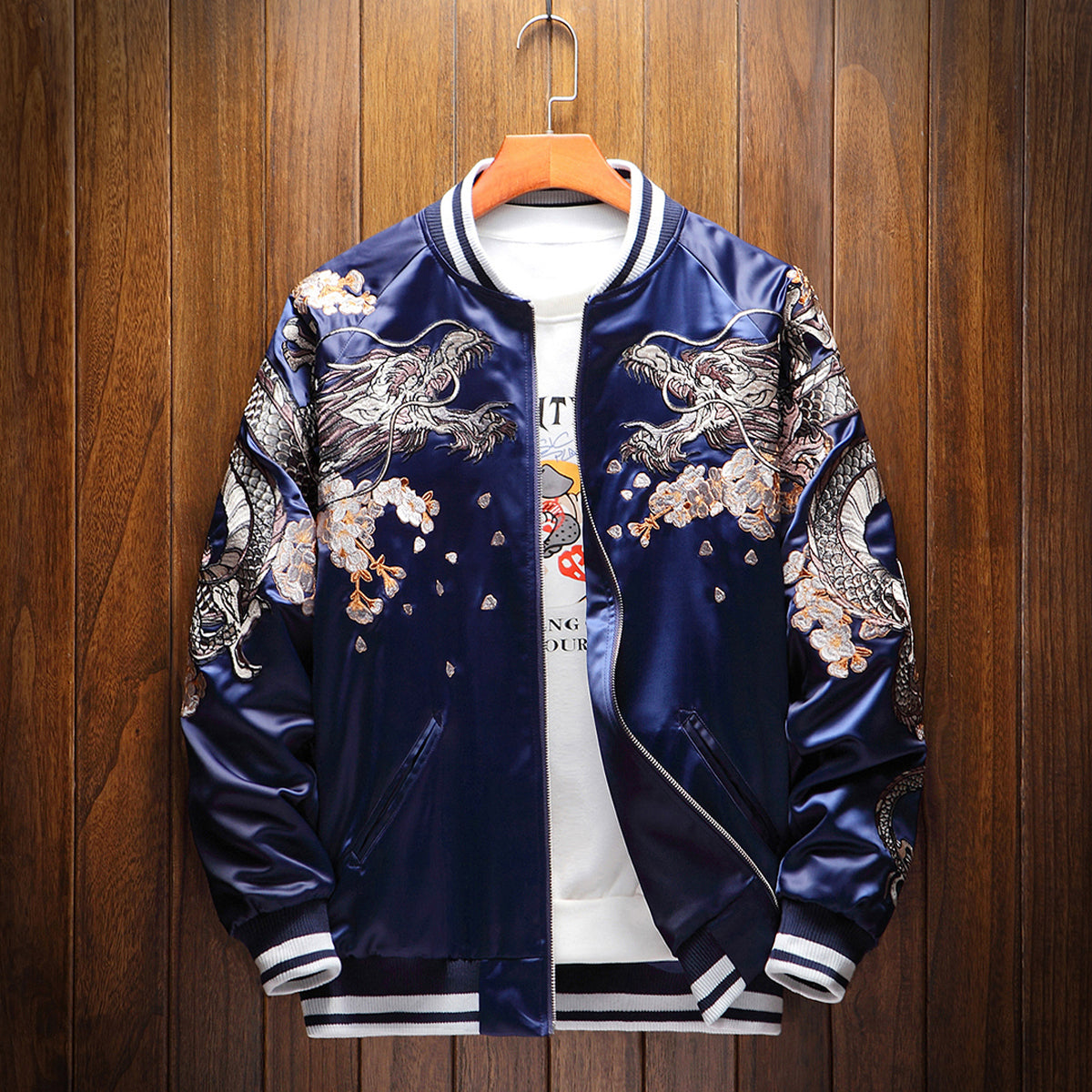 Dragon & Phoenix Embroidered Souvenir Jacket in Blue
