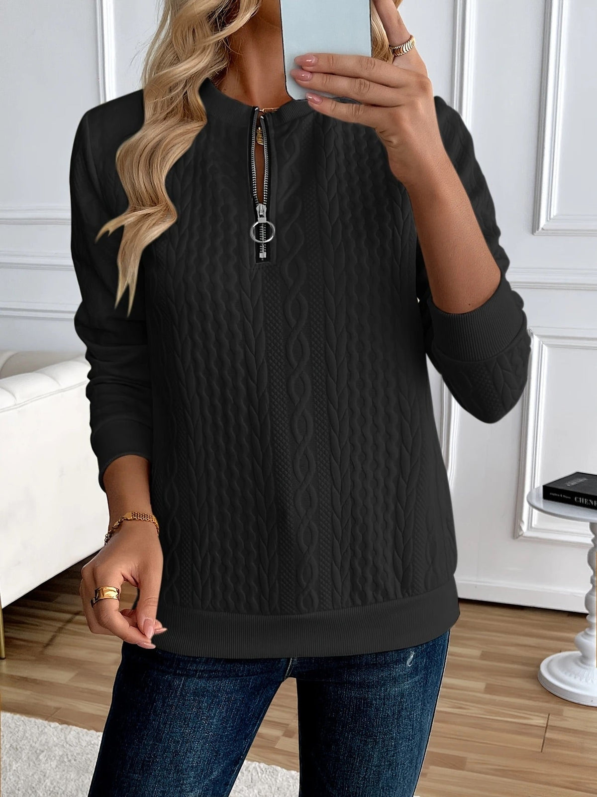 Women's Textured Quarter-Zip Sweatshirt in Black