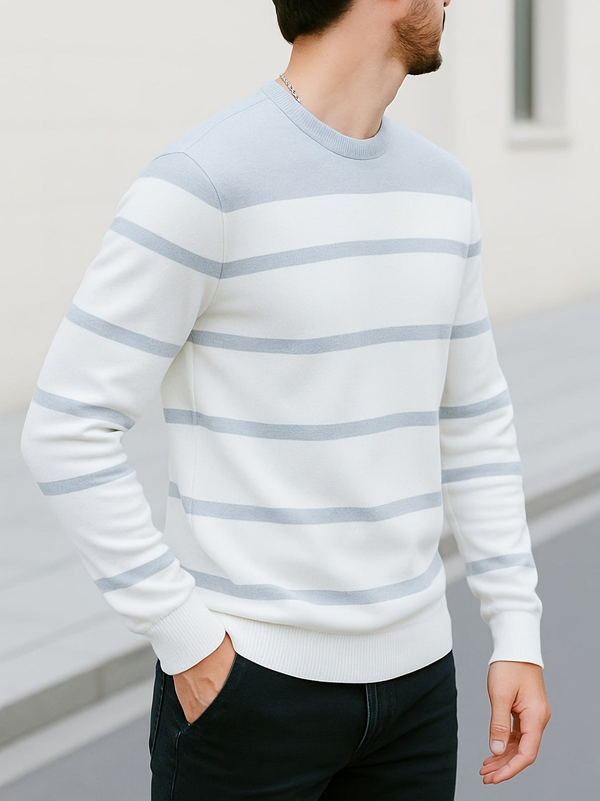 Knit Sweater Mens Striped Crew Neck Pullover Soft Classic Winter