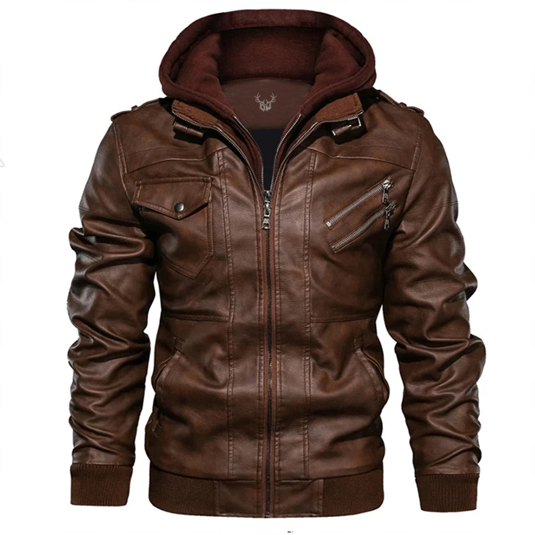 Men's Vegan Leather Jacket with Removable Hood
