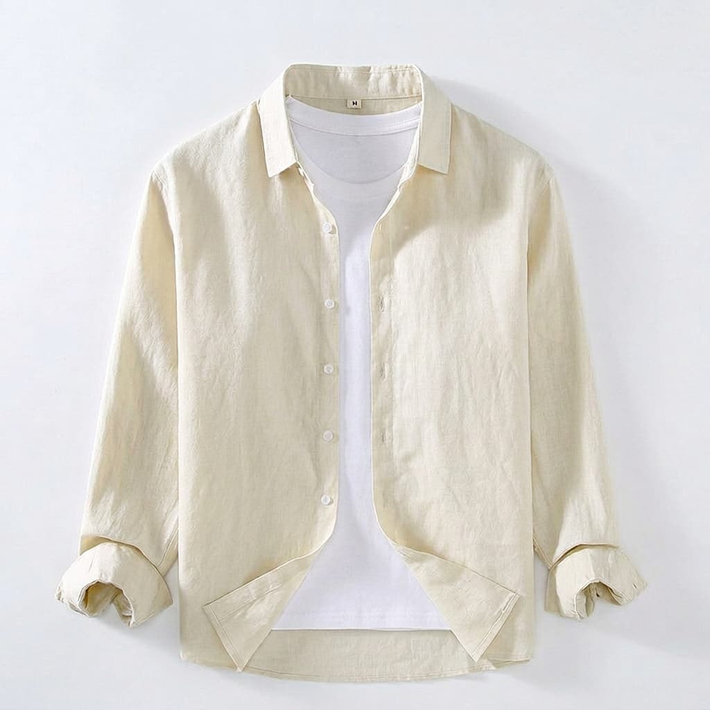 Spread Collar Linen Long Sleeve Shirt for Men