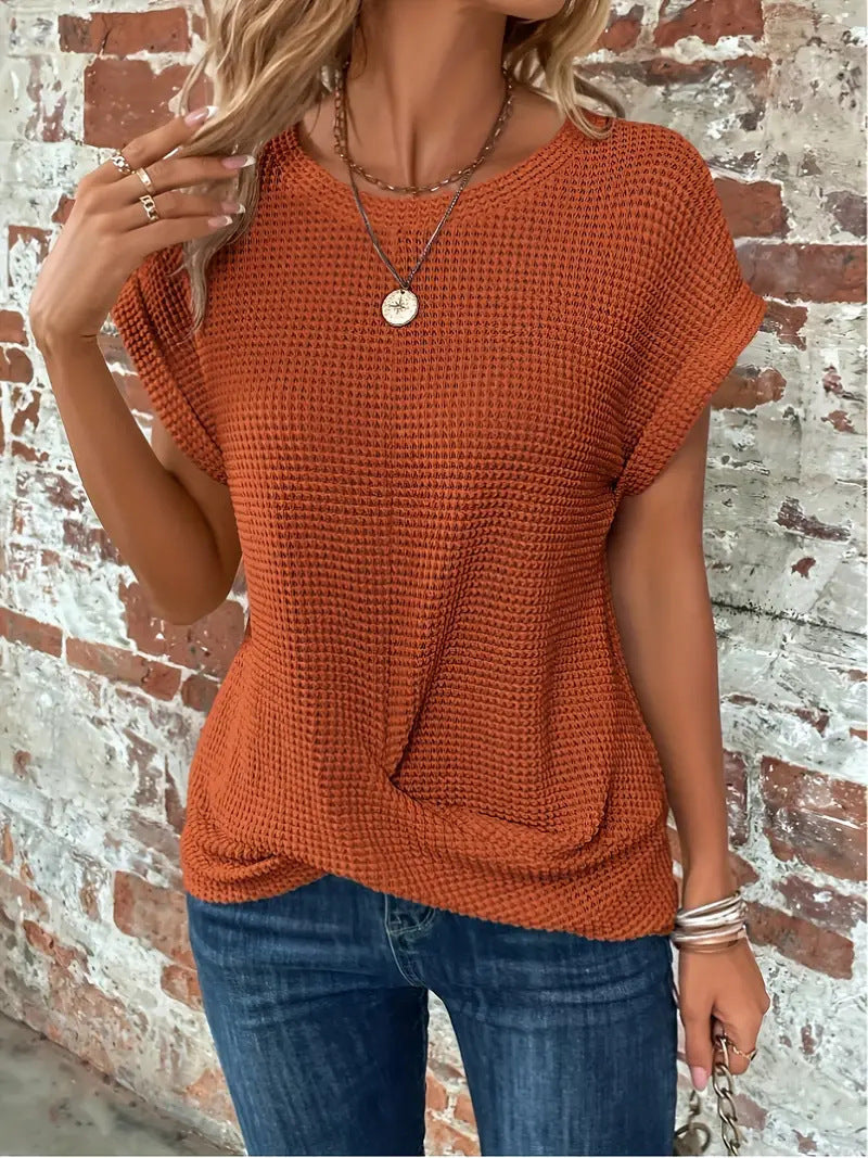 Womens Top Textured Knit Short Sleeve Round Neck Casual Fit