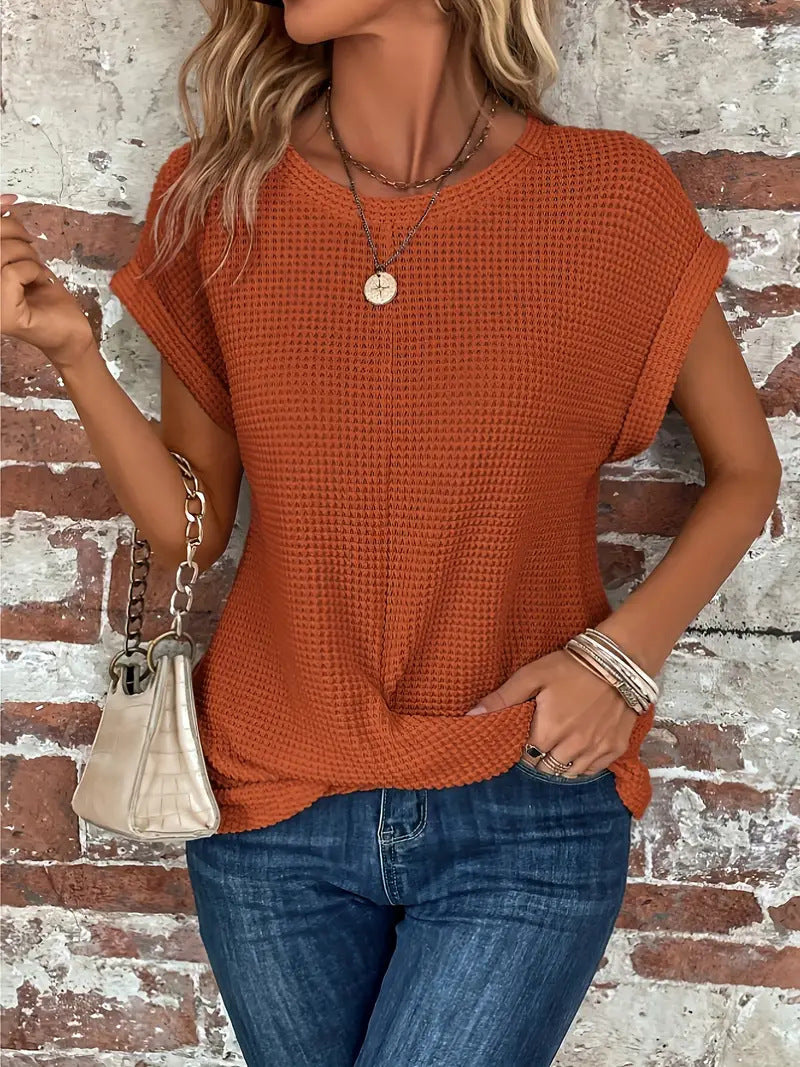 Womens Top Textured Knit Short Sleeve Round Neck Casual Fit
