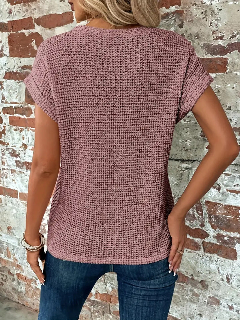 Womens Top Textured Knit Short Sleeve Round Neck Casual Fit