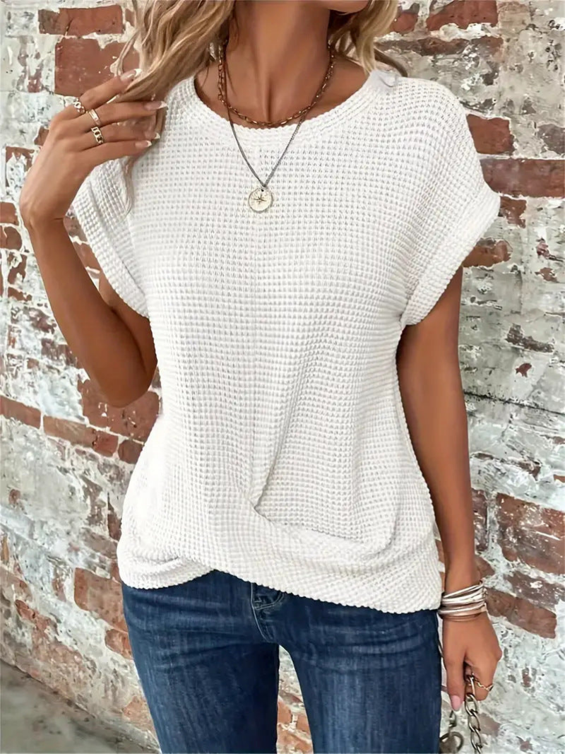 Womens Top Textured Knit Short Sleeve Round Neck Casual Fit