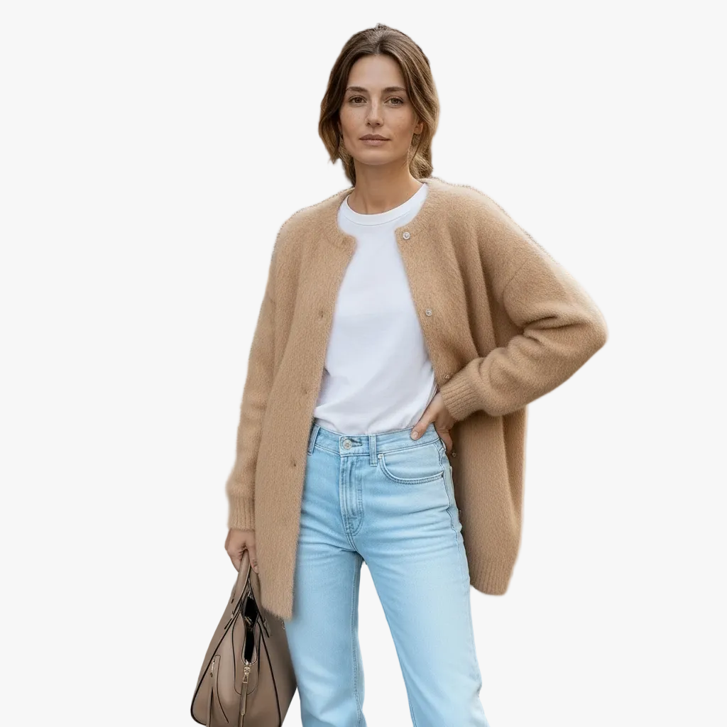 Cardigan Sweater Womens Long Acrylic Knit Crew Neck Button Pockets
