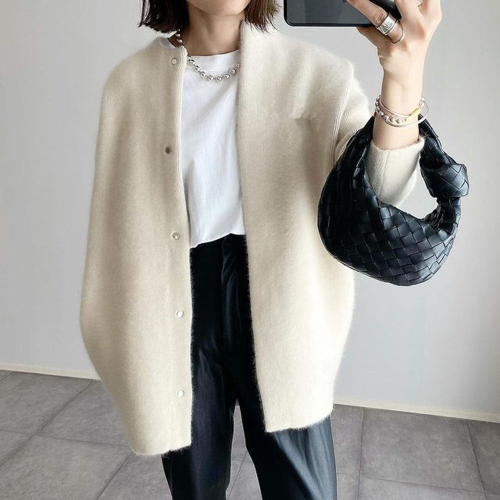 Cardigan Sweater Womens Long Acrylic Knit Crew Neck Button Pockets