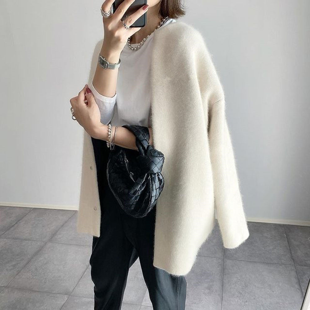 Cardigan Sweater Womens Long Acrylic Knit Crew Neck Button Pockets