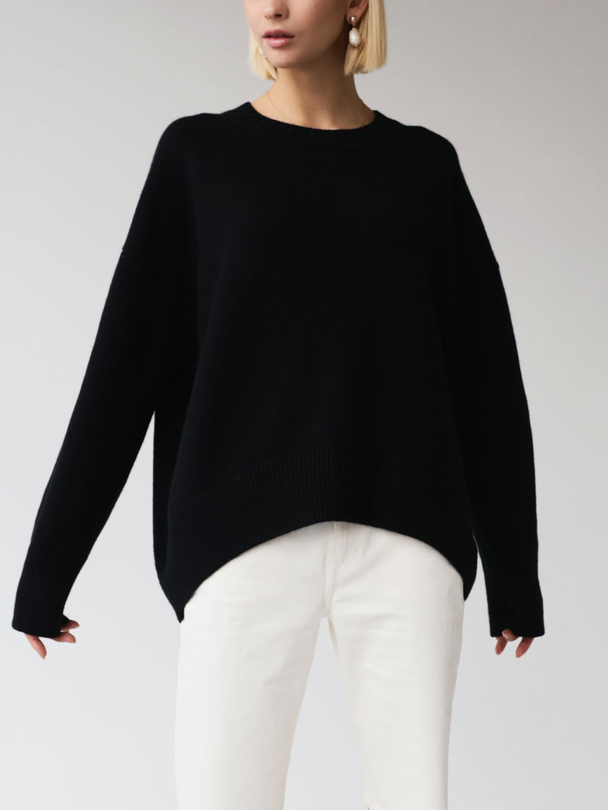 Knit Sweater Womens Crew Neck Ribbed Cuff Drop Shoulder Pullover