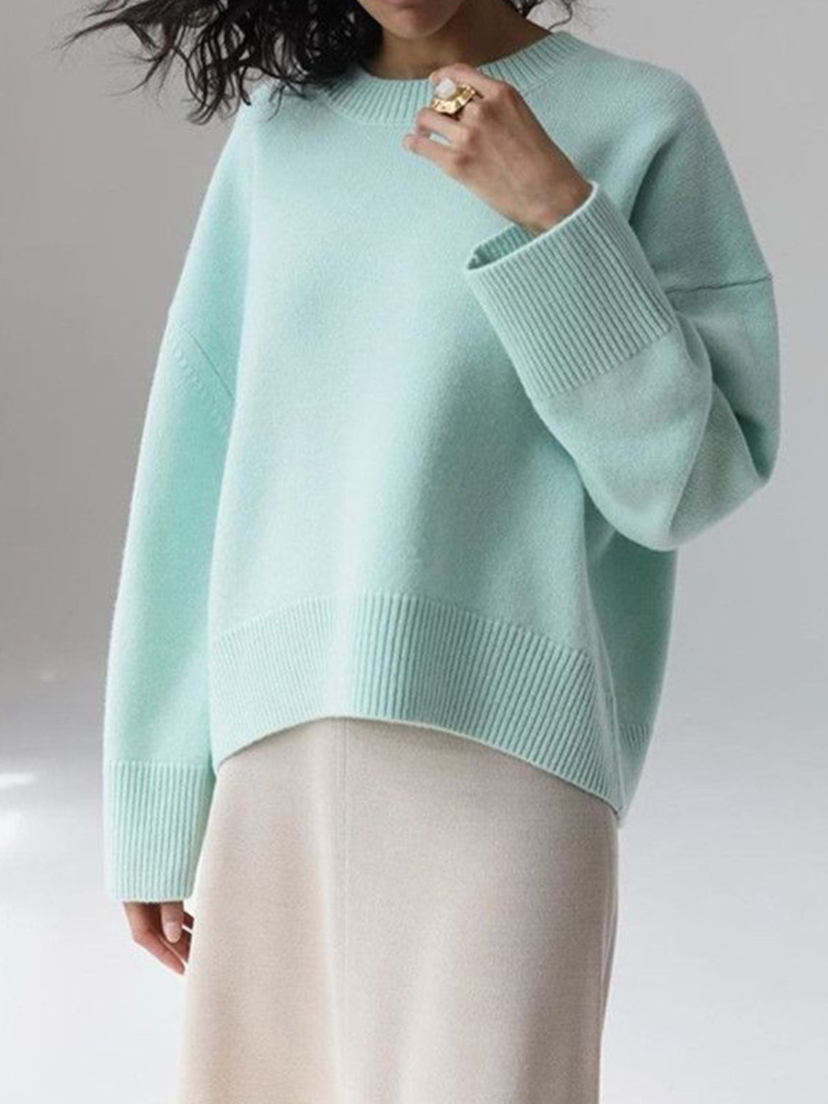 Knit Sweater Womens Crew Neck Ribbed Cuff Drop Shoulder Pullover