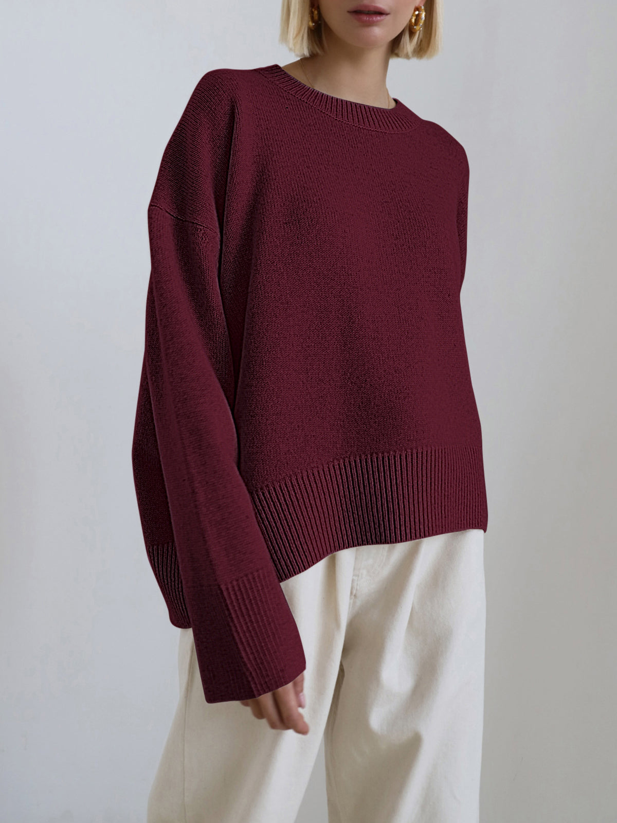 Knit Sweater Womens Crew Neck Ribbed Cuff Drop Shoulder Pullover