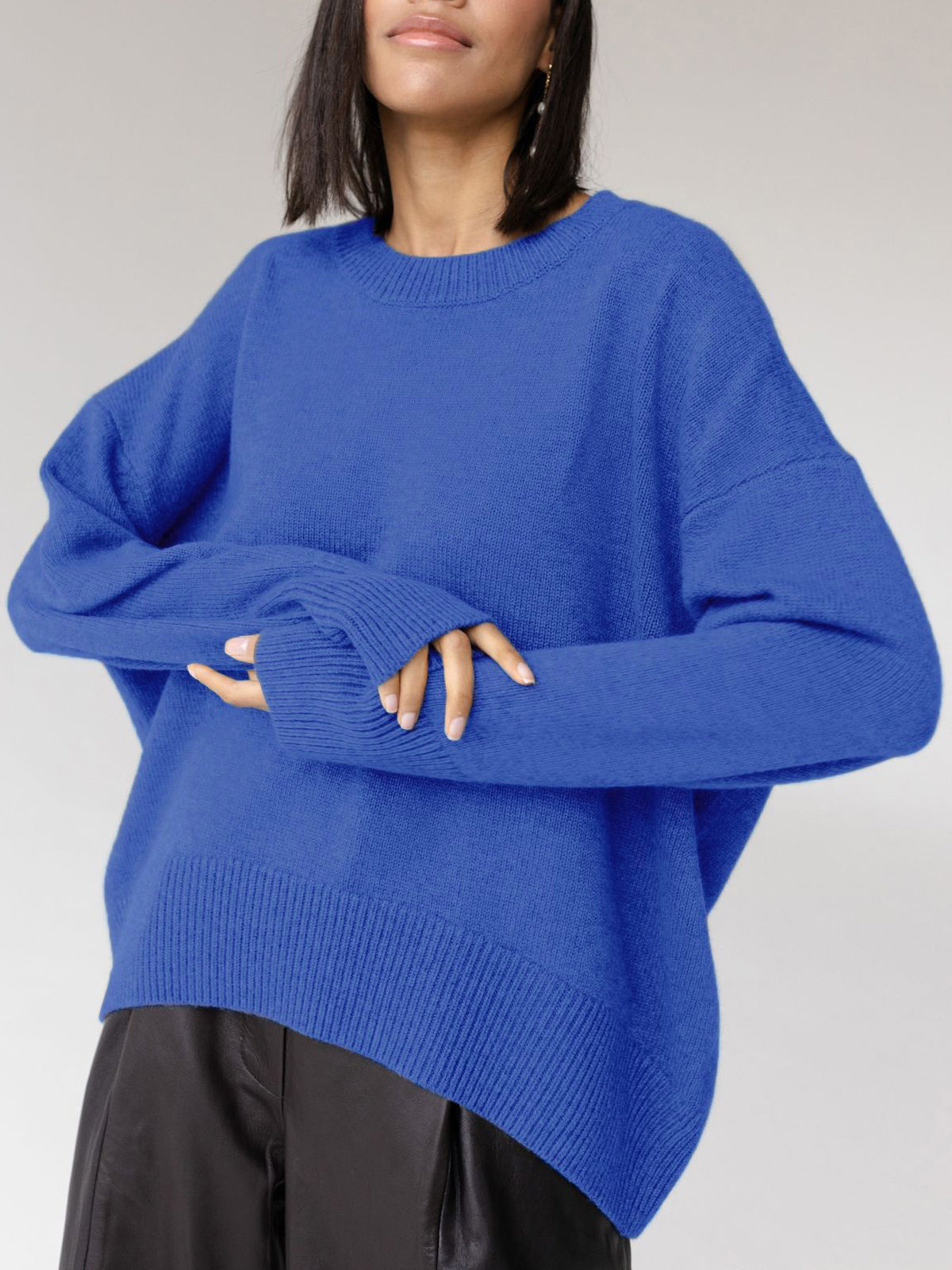 Knit Sweater Womens Crew Neck Ribbed Cuff Drop Shoulder Pullover