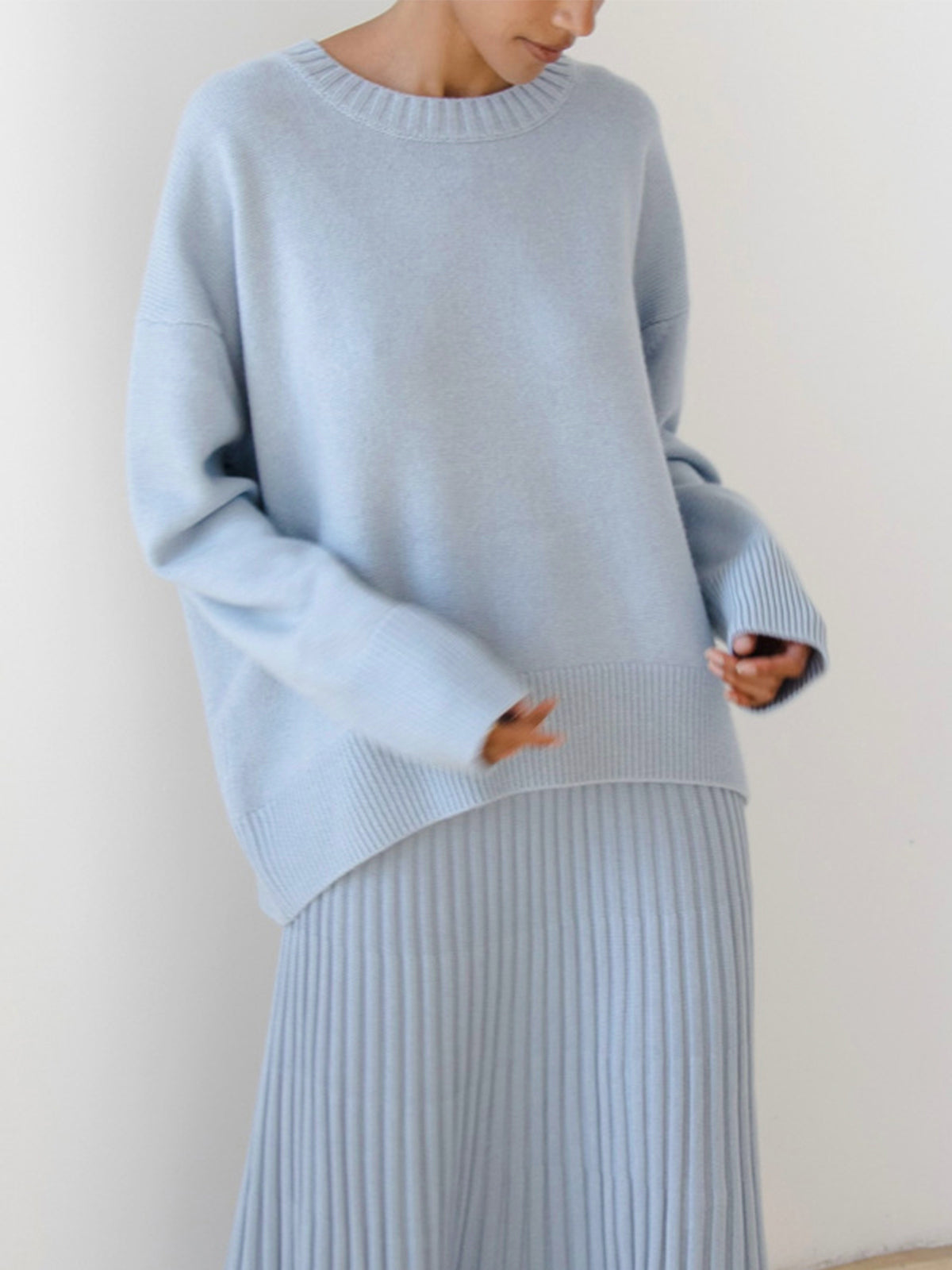 Knit Sweater Womens Crew Neck Ribbed Cuff Drop Shoulder Pullover