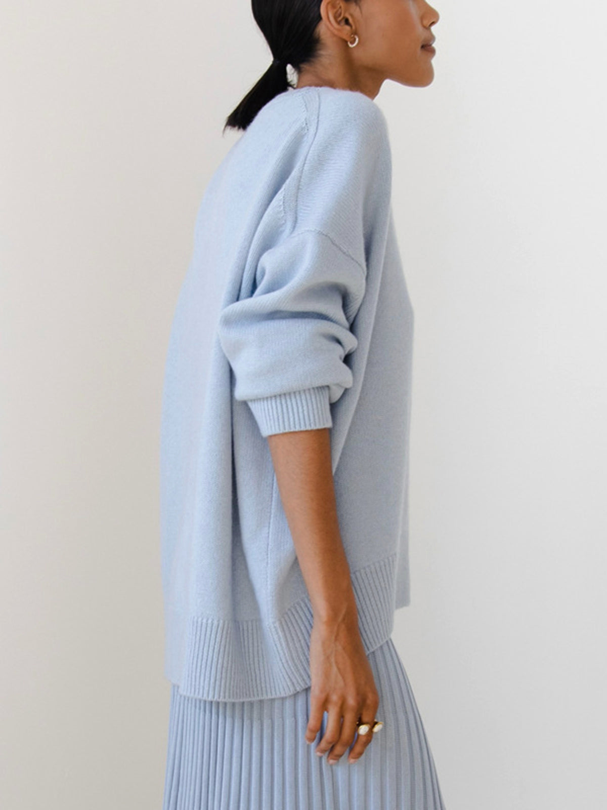 Knit Sweater Womens Crew Neck Ribbed Cuff Drop Shoulder Pullover