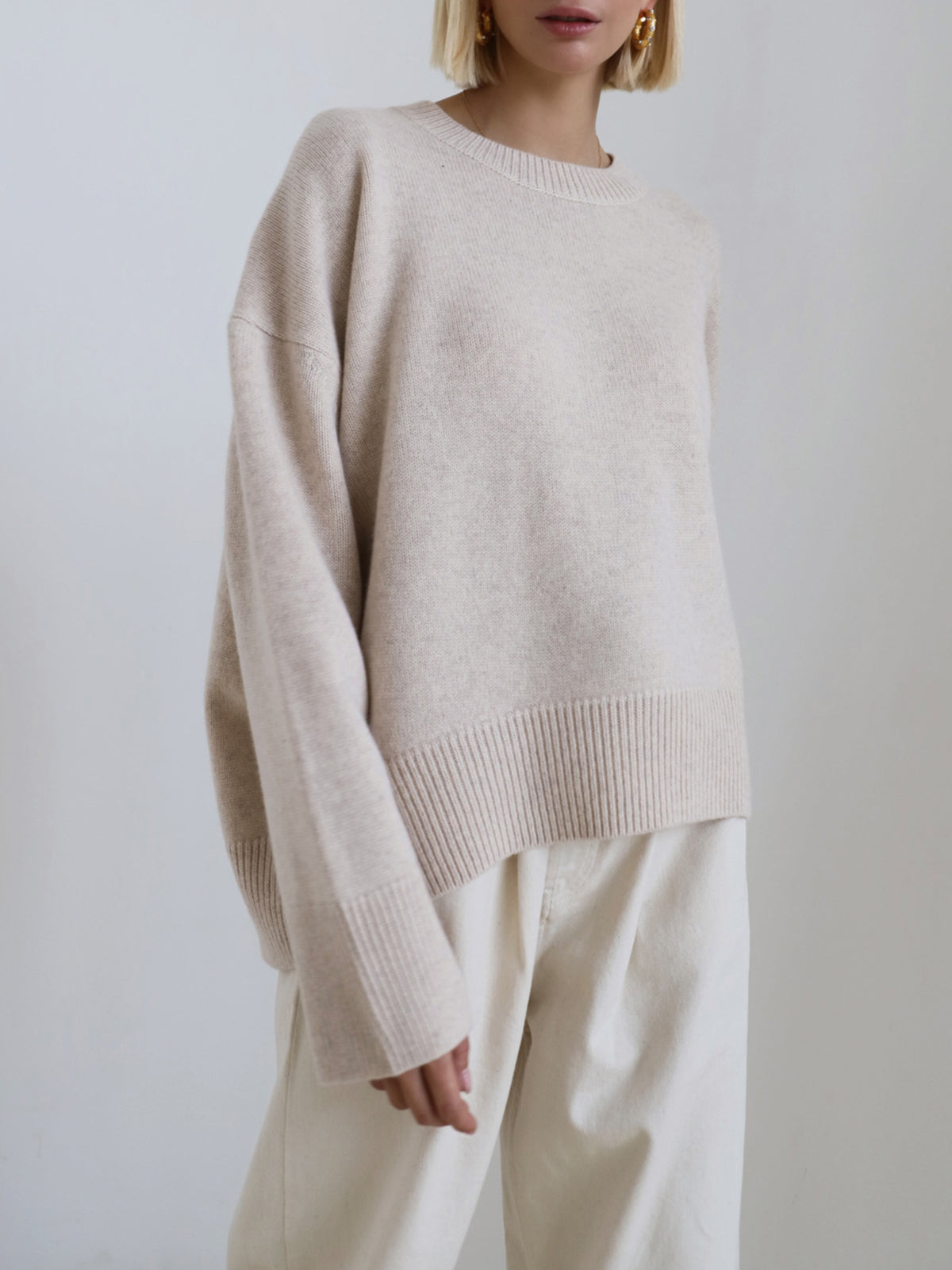 Knit Sweater Womens Crew Neck Ribbed Cuff Drop Shoulder Pullover