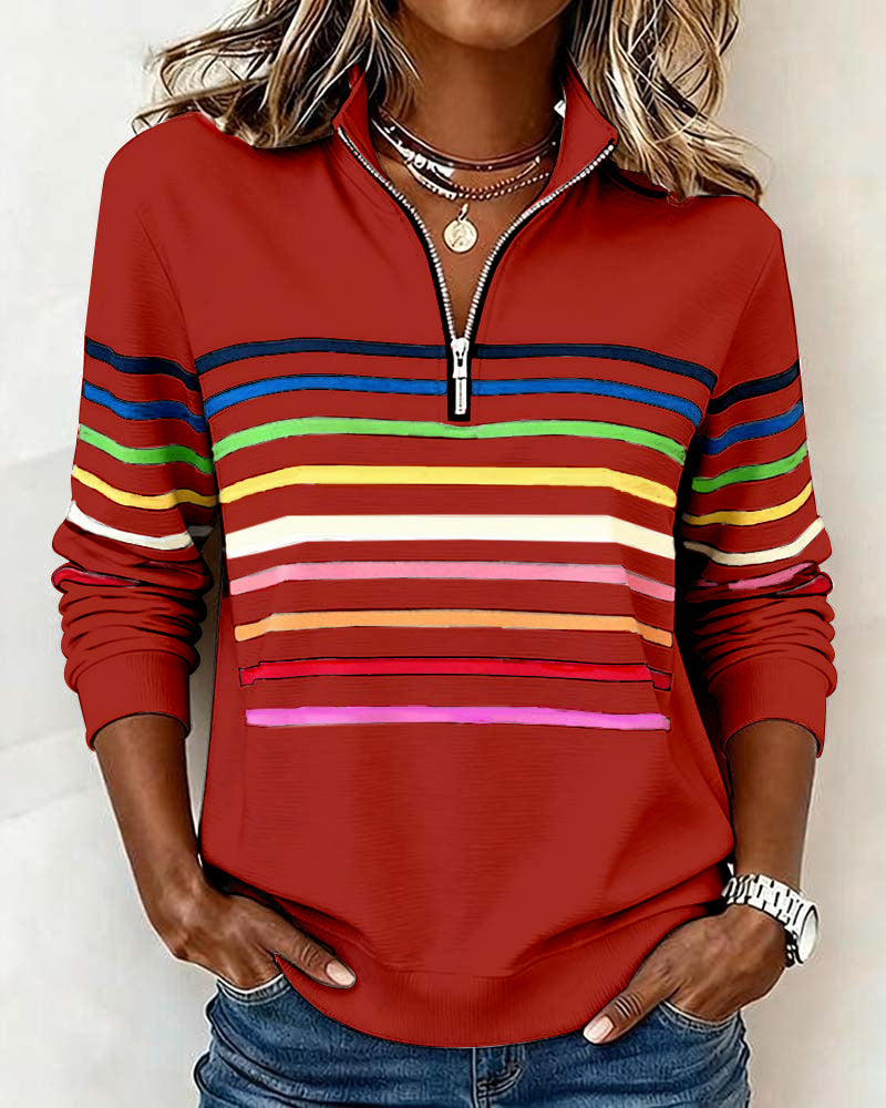 Knit Sweater Womens Quarter Zip Stand Collar Striped Band Pullover
