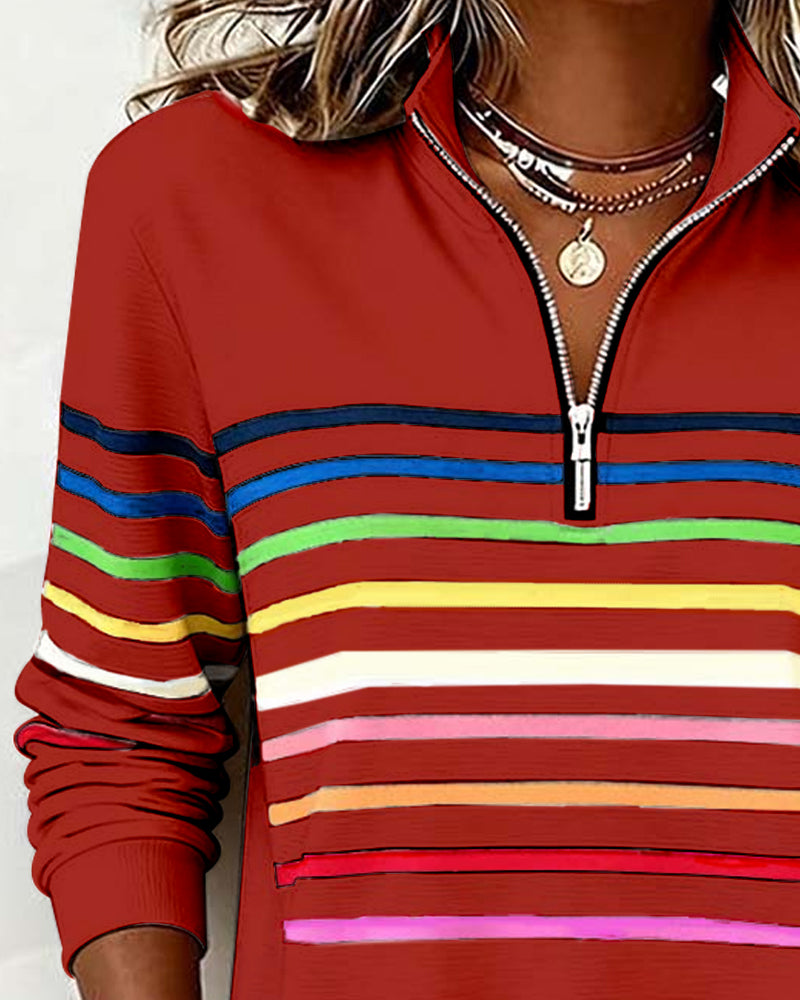 Knit Sweater Womens Quarter Zip Stand Collar Striped Band Pullover