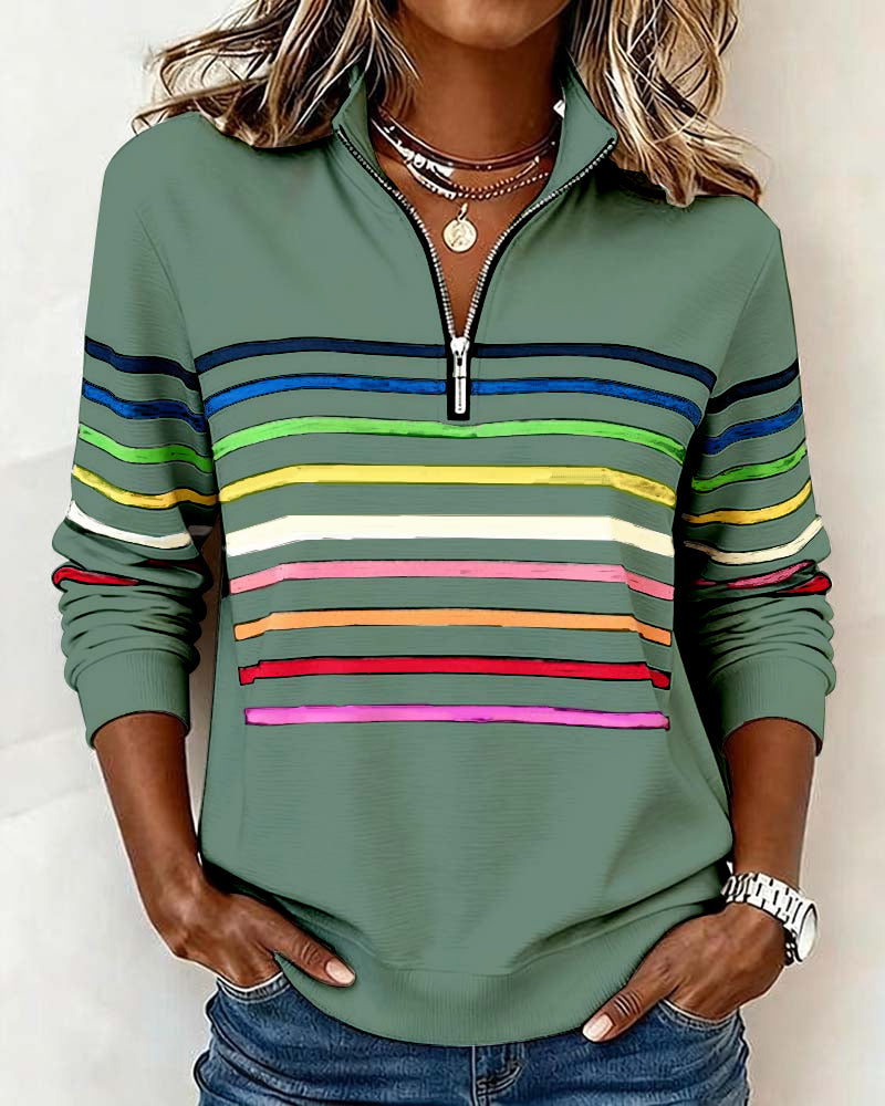 Knit Sweater Womens Quarter Zip Stand Collar Striped Band Pullover