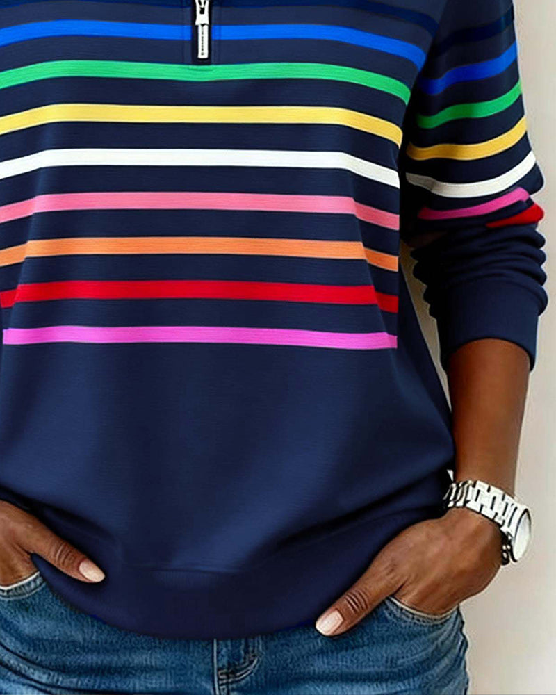 Knit Sweater Womens Quarter Zip Stand Collar Striped Band Pullover