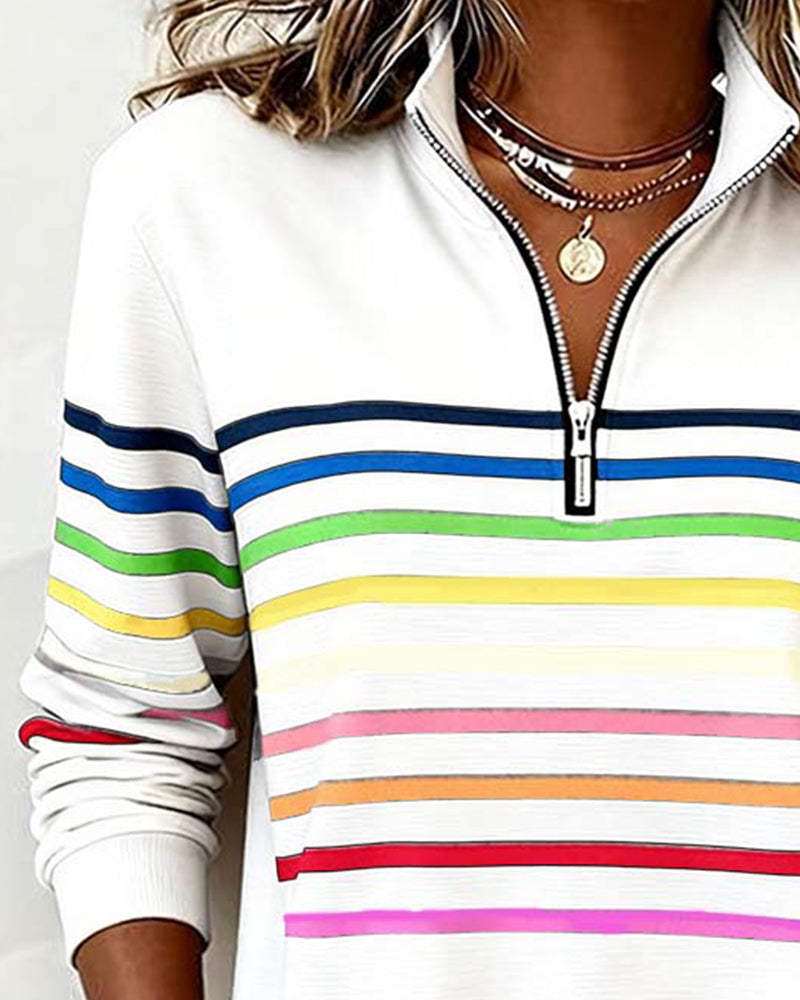 Knit Sweater Womens Quarter Zip Stand Collar Striped Band Pullover