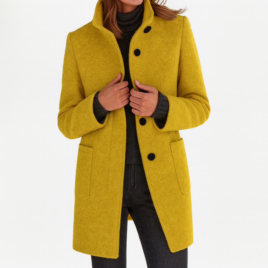 Wool Coat Womens Knee Length Stand Collar Patch Pockets Straight