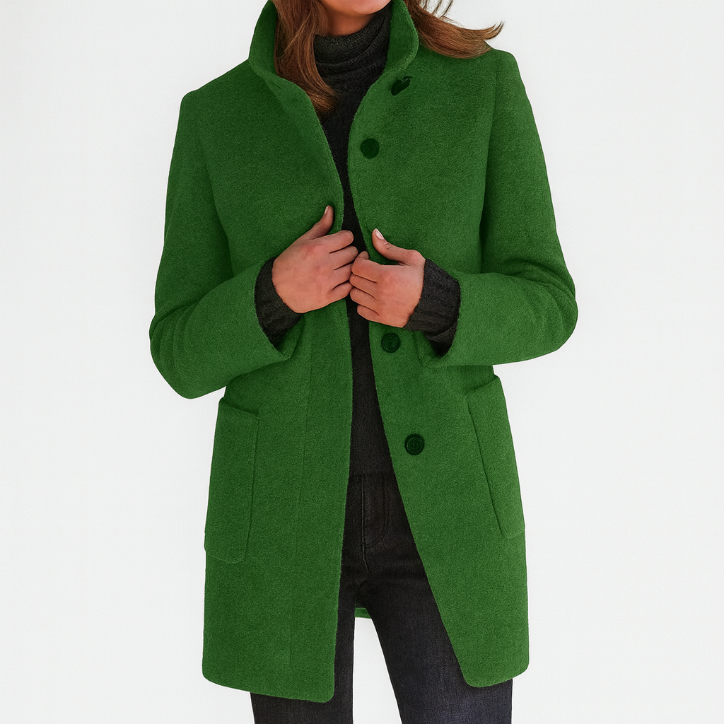 Wool Coat Womens Knee Length Stand Collar Patch Pockets Straight