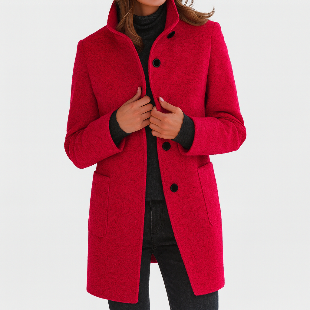 Wool Coat Womens Knee Length Stand Collar Patch Pockets Straight