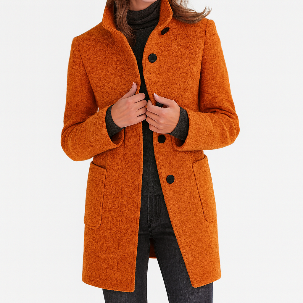 Wool Coat Womens Knee Length Stand Collar Patch Pockets Straight