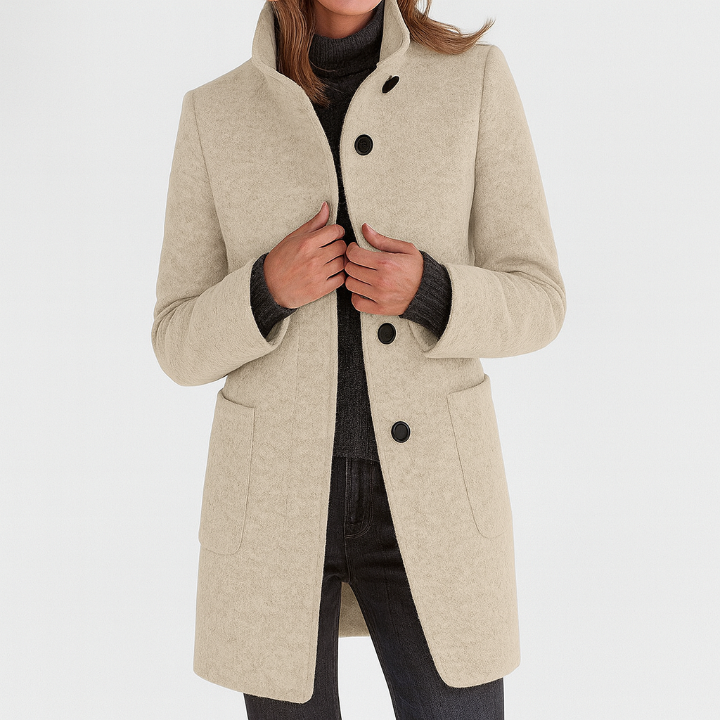 Wool Coat Womens Knee Length Stand Collar Patch Pockets Straight