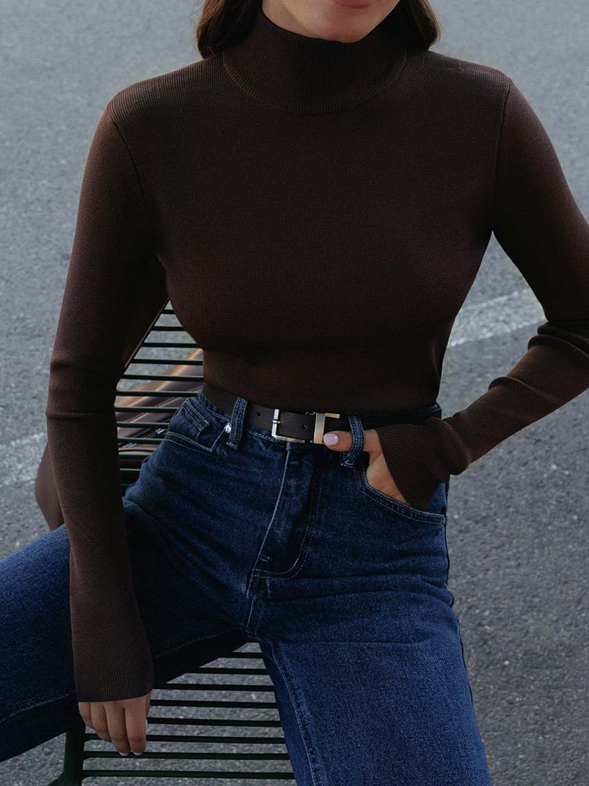 Knit Sweater Womens Rib Mock Neck Long Sleeve Extended Cuff Fitted