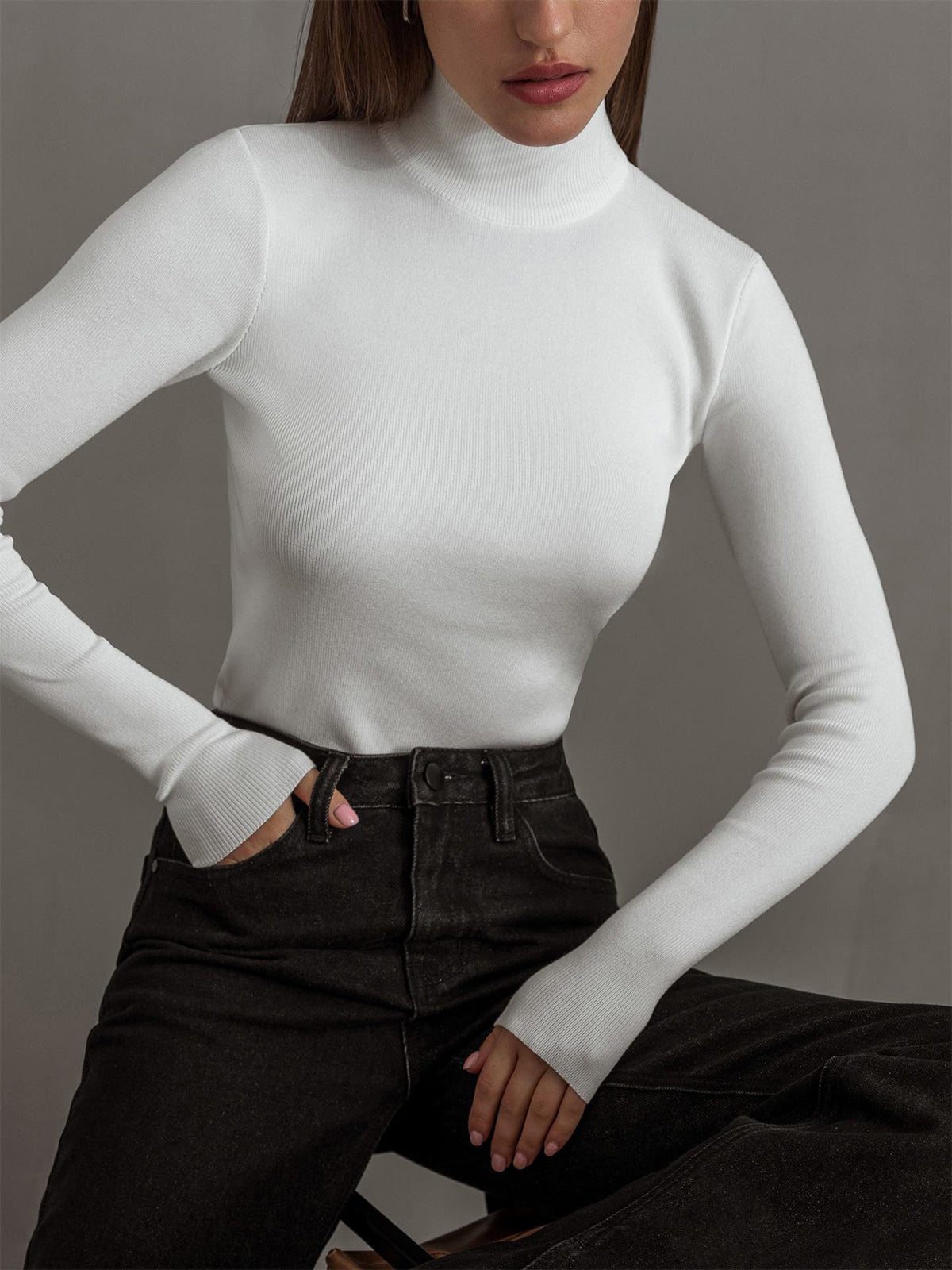 Knit Sweater Womens Rib Mock Neck Long Sleeve Extended Cuff Fitted