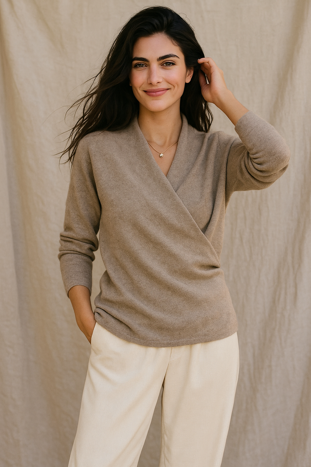 Knit Sweater Womens Wrap Front Crossover V Neck Ribbed Cuff Hem